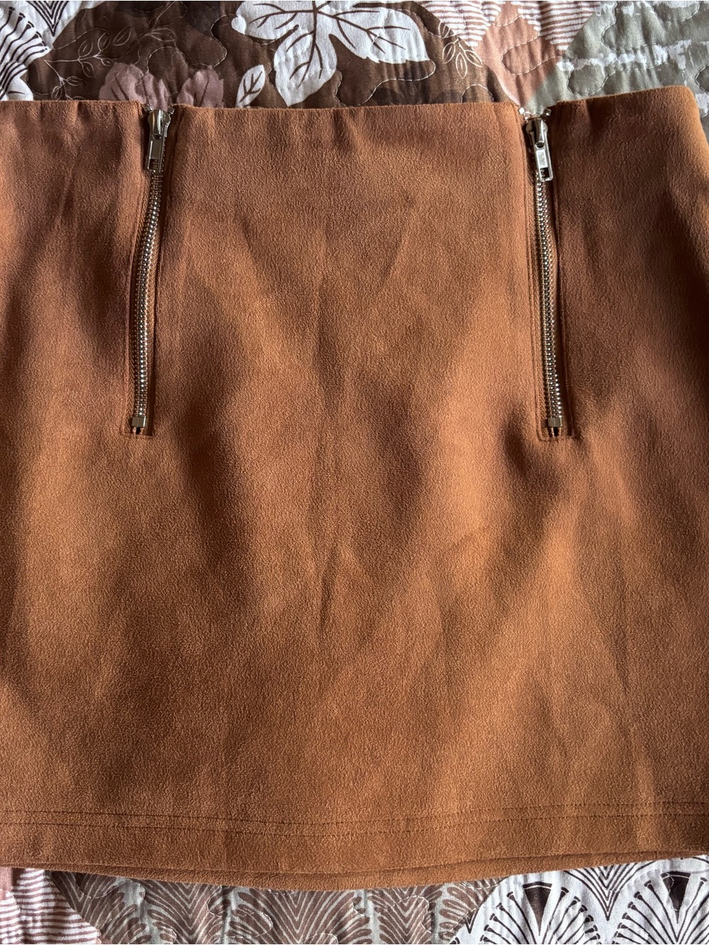 Faux Suede Mini Skirt with Dual Zip Detail — Cognac Brown